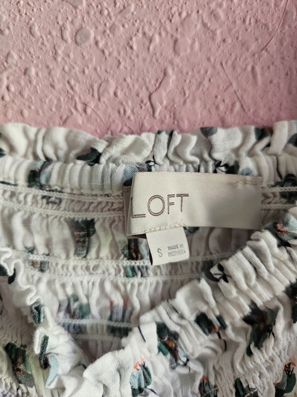LOFT White Smocked Peplum Top with Green Floral Print - Picture 3 of 6